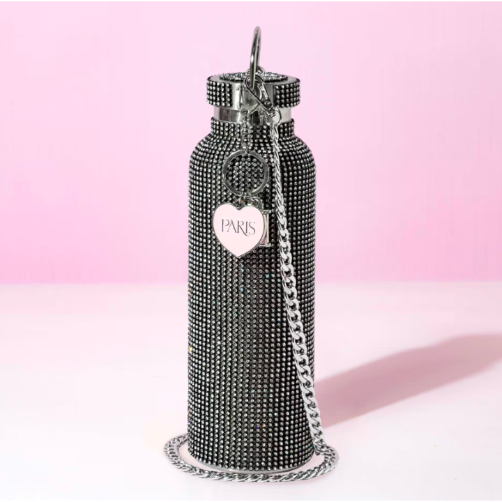 Láhev na pití 750 ml – nerezová, třpytky, černá - Paris Hilton